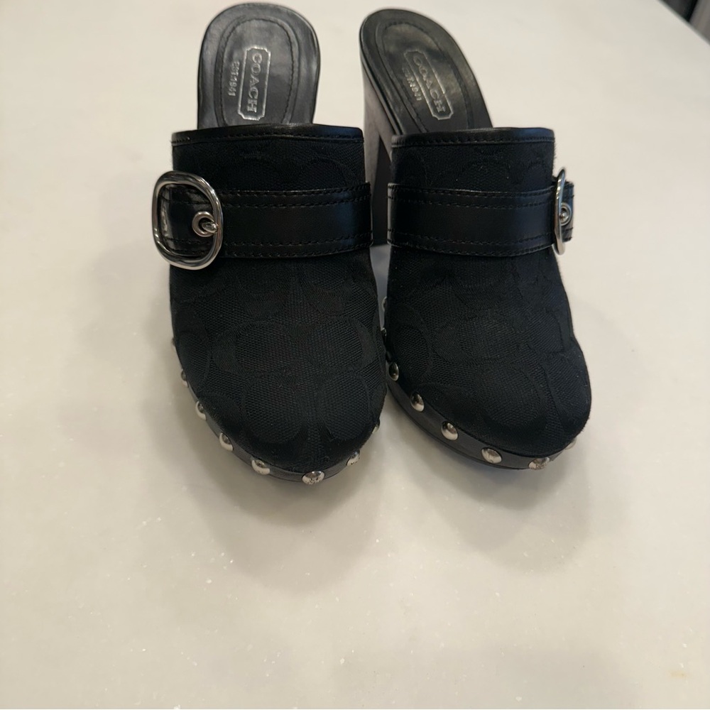 Coach Womens Willow Black Signature Mules / Clogs Heels Studs Buckle Sz 5 - Picture 12 of 14